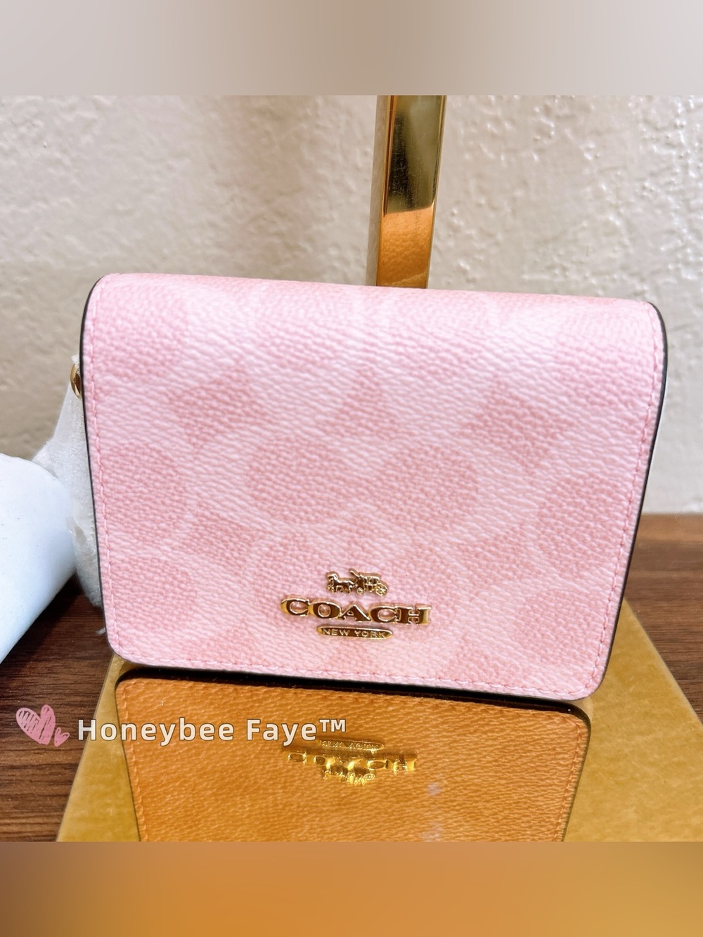 Coach powder Pink Leather Mini Wallet with Gold Logo with long chain strap
